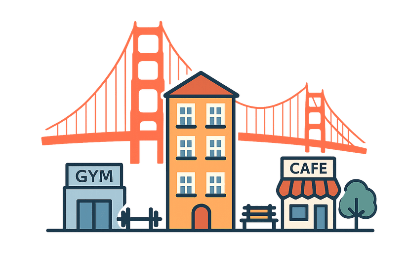 Stylized drawing of an apartment building between a gym and cafe, with the Golden Gate Bridge outline glowing in the background.