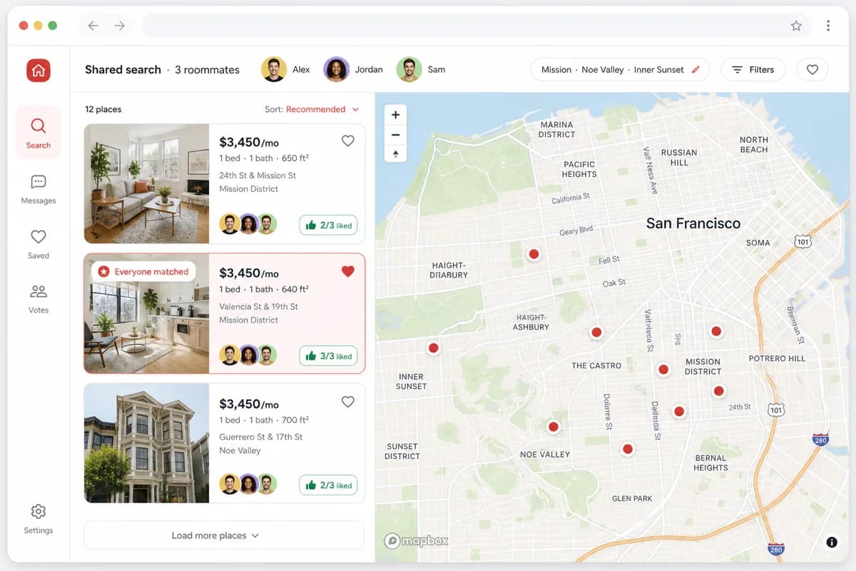 Apartment Buddy shared search with roommates voting on SF listings on a map