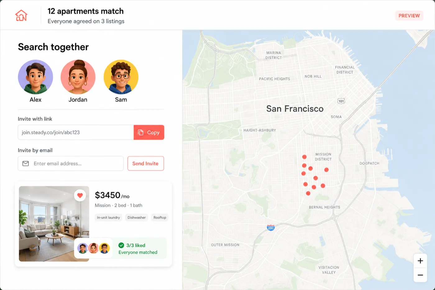 Onboarding step inviting roommates to vote on listings with 12 highly matched apartments